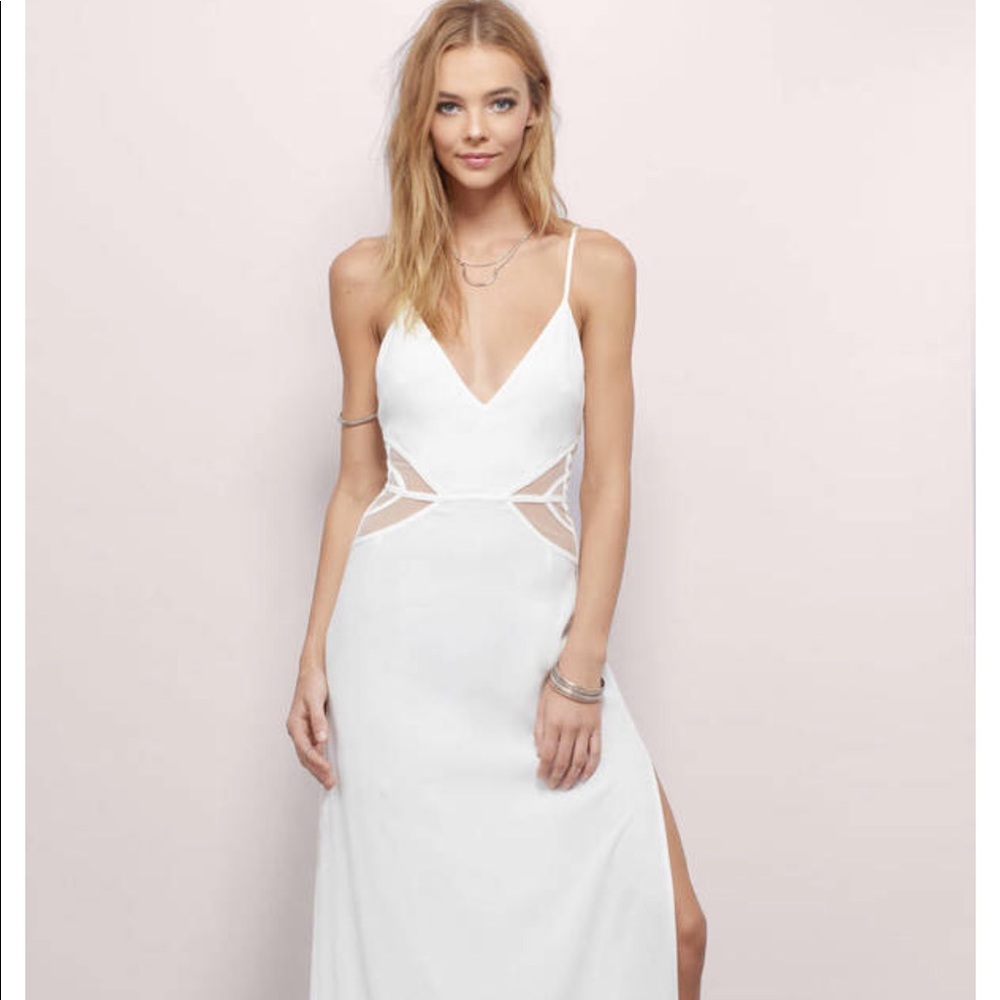 White maxi dress with mesh detail